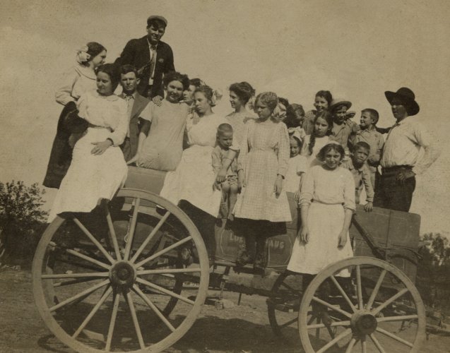 Winnie and Lollie on a wagon